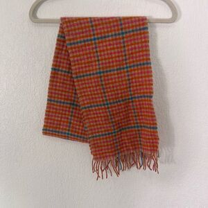 Johnstons Red, Orange, & Blue Striped Plaid 100% Lambswool Winter Scarf